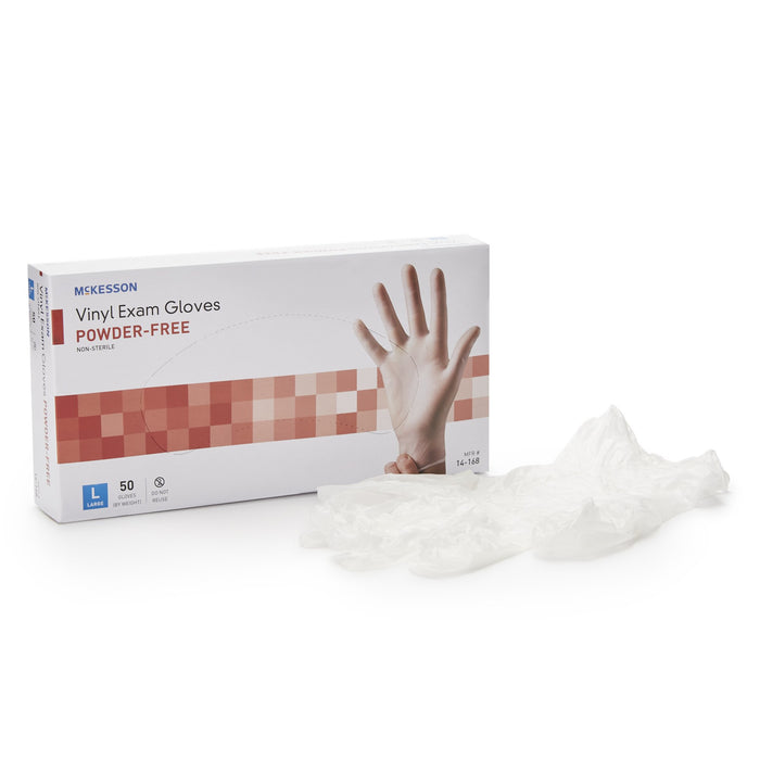 McKesson-14-168 Exam Glove Confiderm Large NonSterile Vinyl Standard Cuff Length Smooth Clear Not Chemo Approved