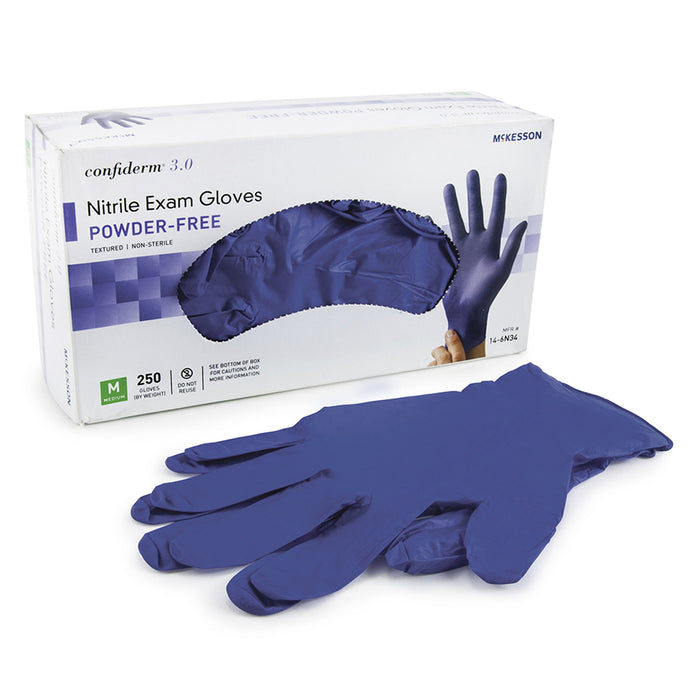 McKesson-14-6N34 Exam Glove Confiderm 3.0 Medium NonSterile Nitrile Standard Cuff Length Textured Fingertips Blue Not Chemo Approved