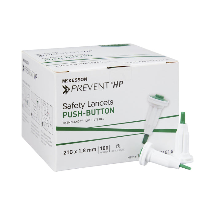 McKesson-16-PBHPSL21G1.8 Lancet Prevent Fixed Depth Lancet Needle 1.8 mm Depth 21 Gauge Push Button Activation