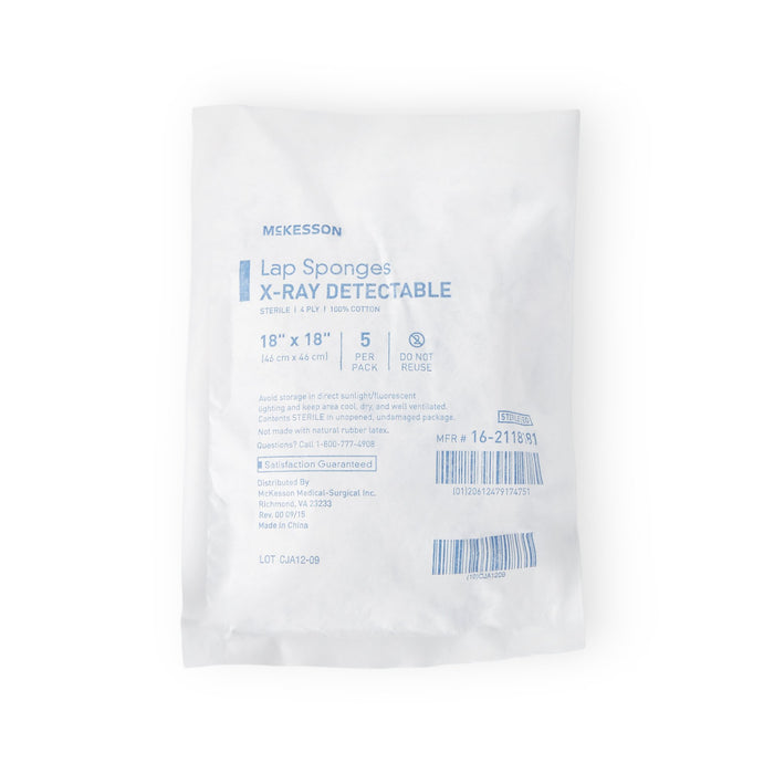 McKesson-16-2118181 Surgical Laparotomy Sponge X-Ray Detectable Cotton 18 X 18 Inch 5 Count Soft Pack Sterile