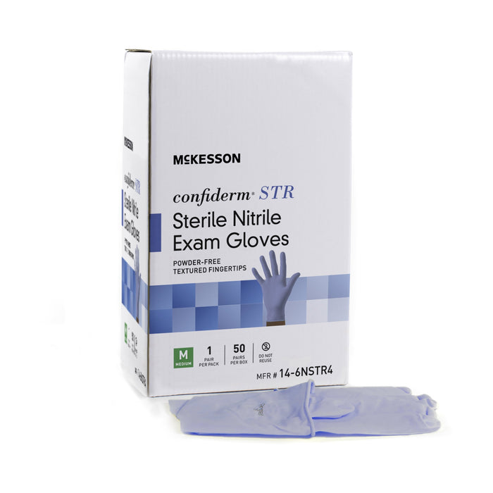McKesson-14-6NSTR4 Exam Glove Confiderm STR Medium Sterile Pair Nitrile Standard Cuff Length Textured Fingertips Blue Not Chemo Approved