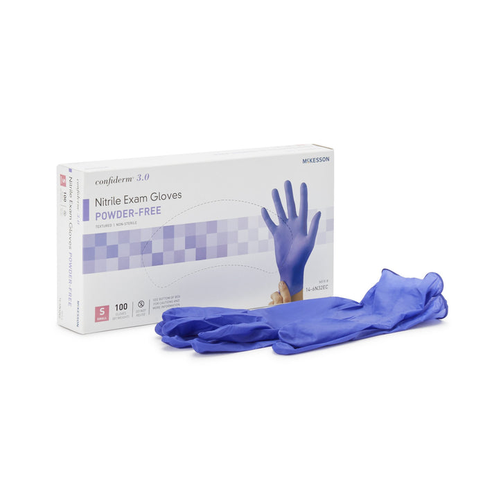 McKesson-14-6N32EC Exam Glove Confiderm 3.0 Small NonSterile Nitrile Standard Cuff Length Textured Fingertips Blue Not Chemo Approved