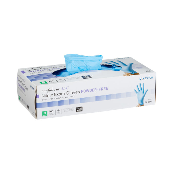 McKesson-14-656C Exam Glove Confiderm 4.5C Medium NonSterile Nitrile Standard Cuff Length Textured Fingertips Blue Chemo Tested