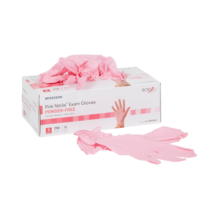 McKesson-14-6NPNK2 Exam Glove Pink Nitrile Small NonSterile Nitrile Standard Cuff Length Textured Fingertips Pink Not Chemo Approved
