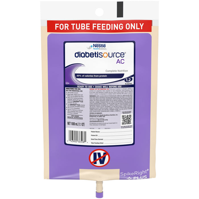 Nestle Healthcare Nutrition-10043900365081 Tube Feeding Formula Diabetisource AC 33.8 oz. Bag Ready to Hang Unflavored Adult