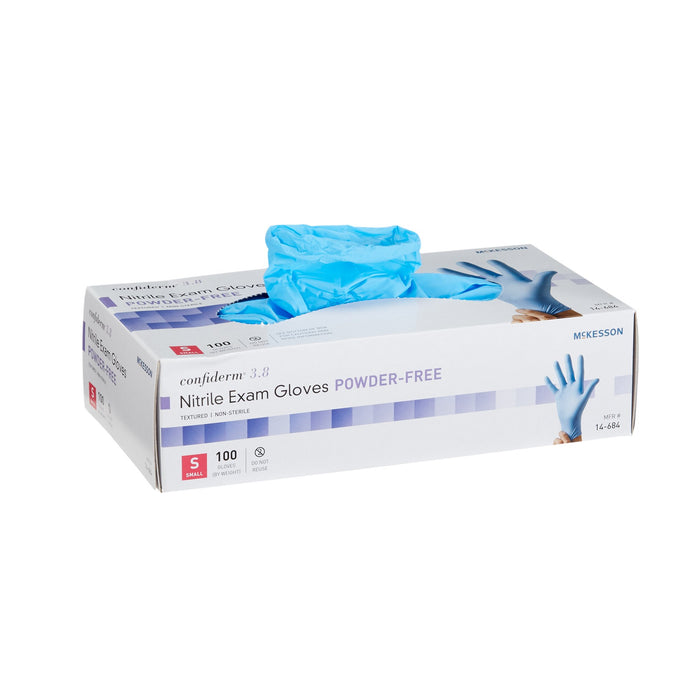 McKesson-14-684 Exam Glove Confiderm 3.8 Small NonSterile Nitrile Standard Cuff Length Textured Fingertips Blue Not Chemo Approved