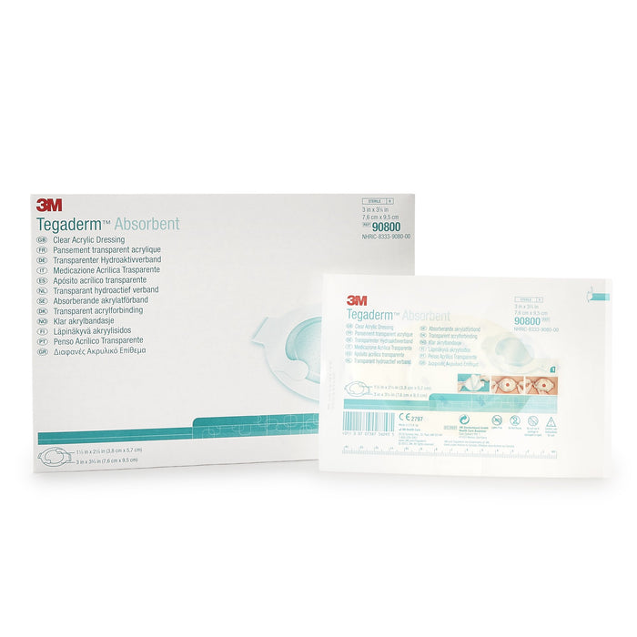 3M-90800 Absorbent Transparent Film Dressing 3M Tegaderm Absorbent 3 X 3-1/4 Inch Film / Acrylic Polymer Sterile