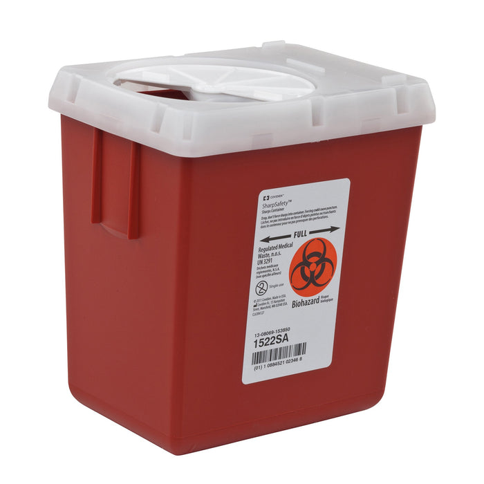 Cardinal-1522SA Sharps Container AutoDrop 7-1/4 H X 6-1/2 W X 4-1/2 D Inch 2.2 Quart Red Base / White Lid Vertical Entry