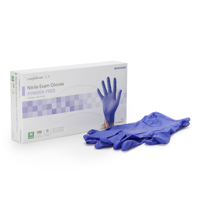 McKesson-14-6N34EC Exam Glove Confiderm 3.0 Medium NonSterile Nitrile Standard Cuff Length Textured Fingertips Blue Not Chemo Approved