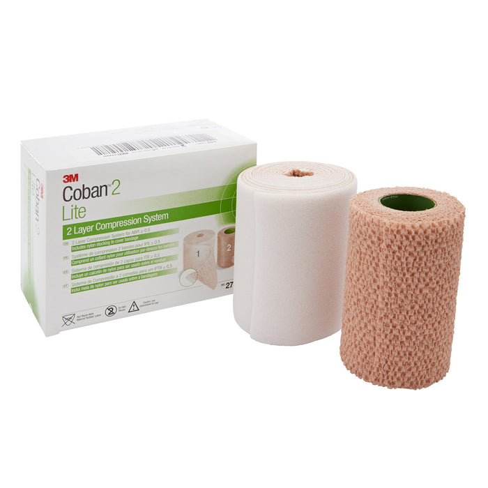 3M-2794N 2 Layer Compression Bandage System 3M Coban2 Lite 4 Inch X 2-9/10 Yard / 4 Inch X 5-1/10 Yard 25 to 30 mmHg Self-adherent / Pull On Closure Tan / White NonSterile
