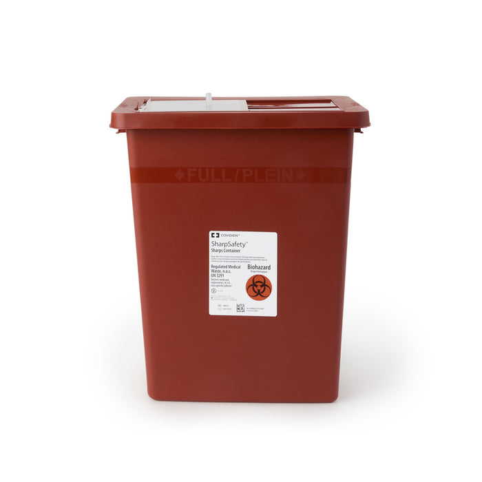 Cardinal-8980S Sharps Container SharpSafety 17-3/4 H X 11 W X 15-1/2 D Inch 8 Gallon Red Base / White Lid Vertical Entry