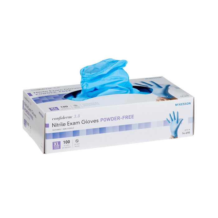 McKesson-14-690 Exam Glove Confiderm 3.8 X-Large NonSterile Nitrile Standard Cuff Length Textured Fingertips Blue Not Chemo Approved