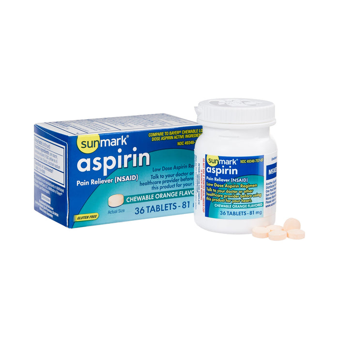 McKesson-49348075707 Pain Relief sunmark 81 mg Strength Aspirin Chewable Tablet 36 per Box