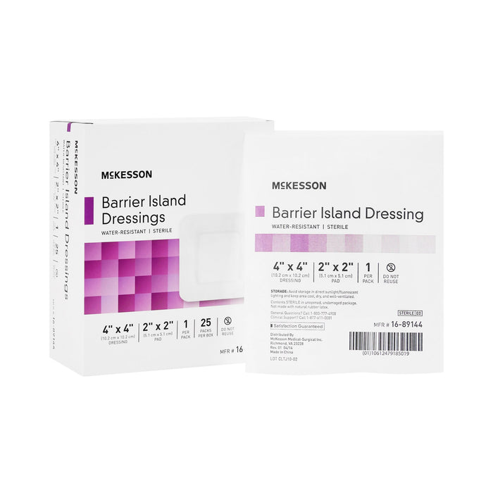 McKesson-16-89144 Composite Barrier Island Dressing Water Resistant 4 X 4 Inch Polypropylene / Rayon 2 X 2 Inch Pad Sterile