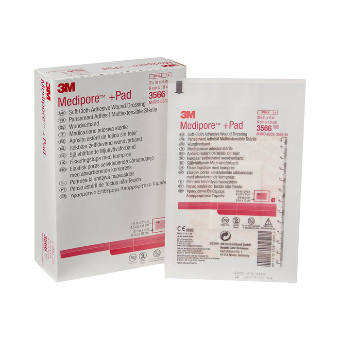 3M-3566 Adhesive Dressing 3M Medipore 3-1/2 X 4 Inch Soft Cloth Rectangle White Sterile