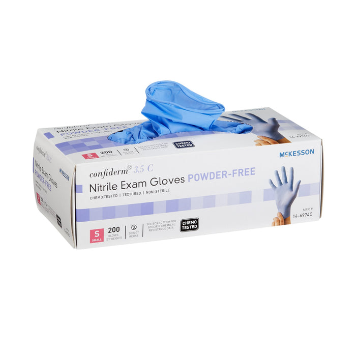McKesson-14-6974C Exam Glove Confiderm 3.5C Small NonSterile Nitrile Standard Cuff Length Textured Fingertips Blue Chemo Tested