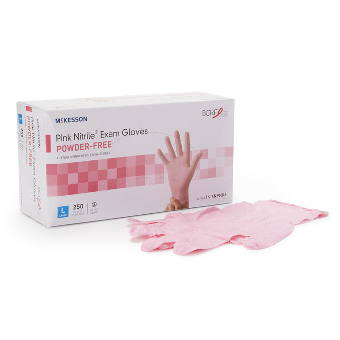 McKesson-14-6NPNK6 Exam Glove Pink Nitrile Large NonSterile Nitrile Standard Cuff Length Textured Fingertips Pink Not Chemo Approved