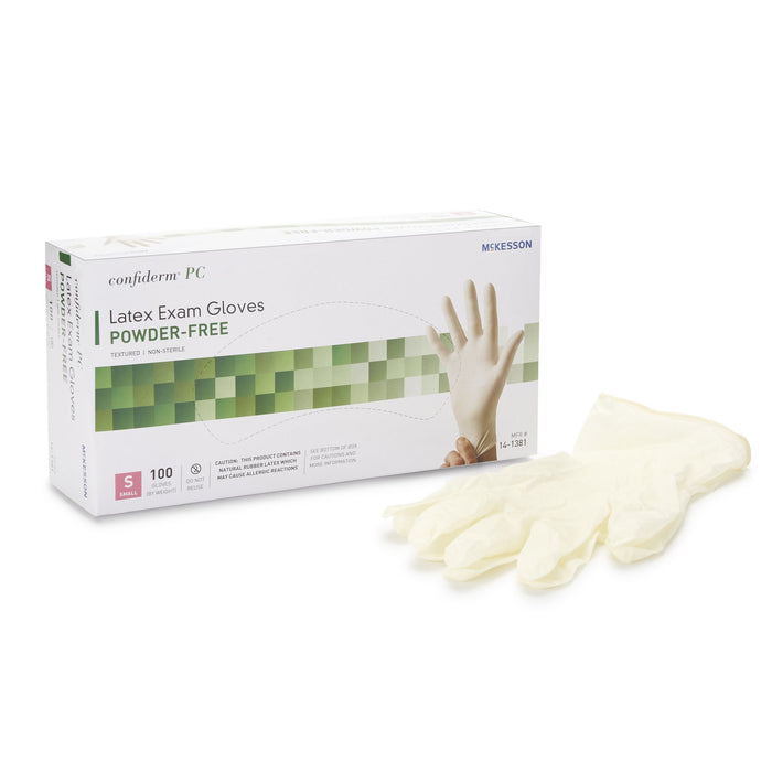 McKesson-14-1381 Exam Glove Confiderm Small NonSterile Latex Standard Cuff Length Textured Ivory Not Chemo Approved