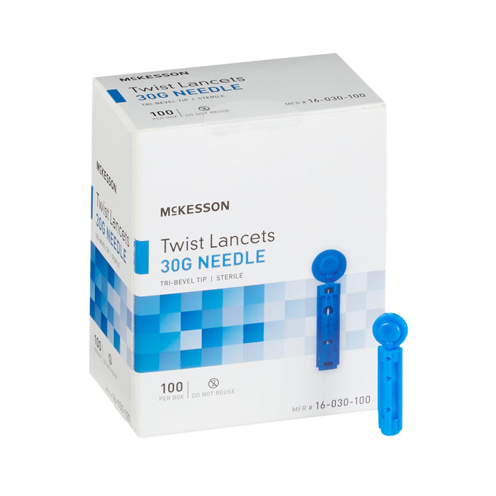 McKesson-16-030-100 Lancet Twist Off Cap Needle 1.8 mm Depth 30 Gauge Push Button Activation