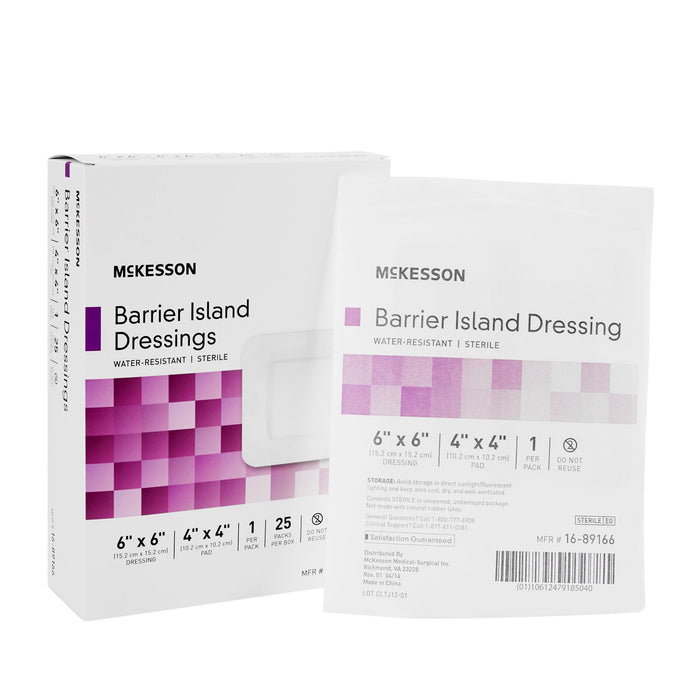 McKesson-16-89166 Composite Barrier Island Dressing Water Resistant 6 X 6 Inch Polypropylene / Rayon 4 X 4 Inch Pad Sterile