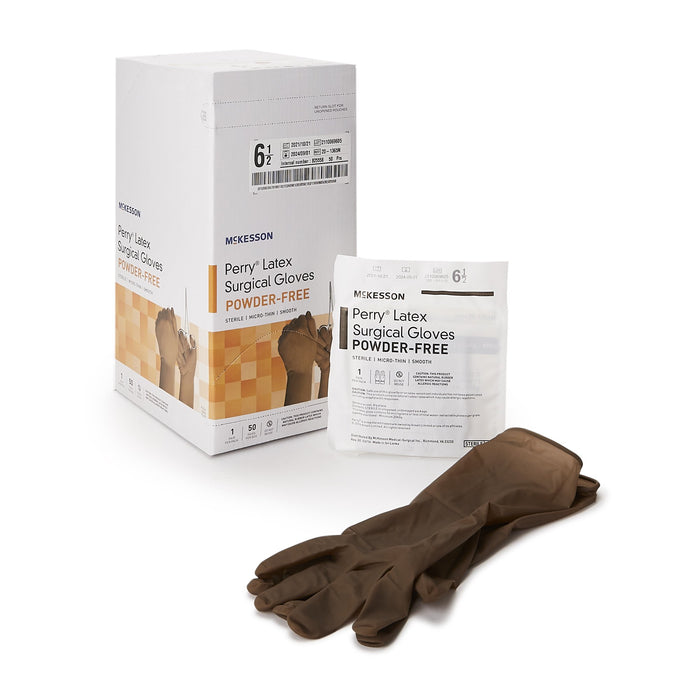 McKesson-20-1365N Surgical Glove Perry Size 6.5 Sterile Latex Standard Cuff Length Smooth Brown Not Chemo Approved
