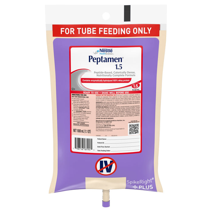 Nestle Healthcare Nutrition-10798716281949 Tube Feeding Formula Peptamen 1.5 33.8 oz. Bag Ready to Hang Unflavored Adult